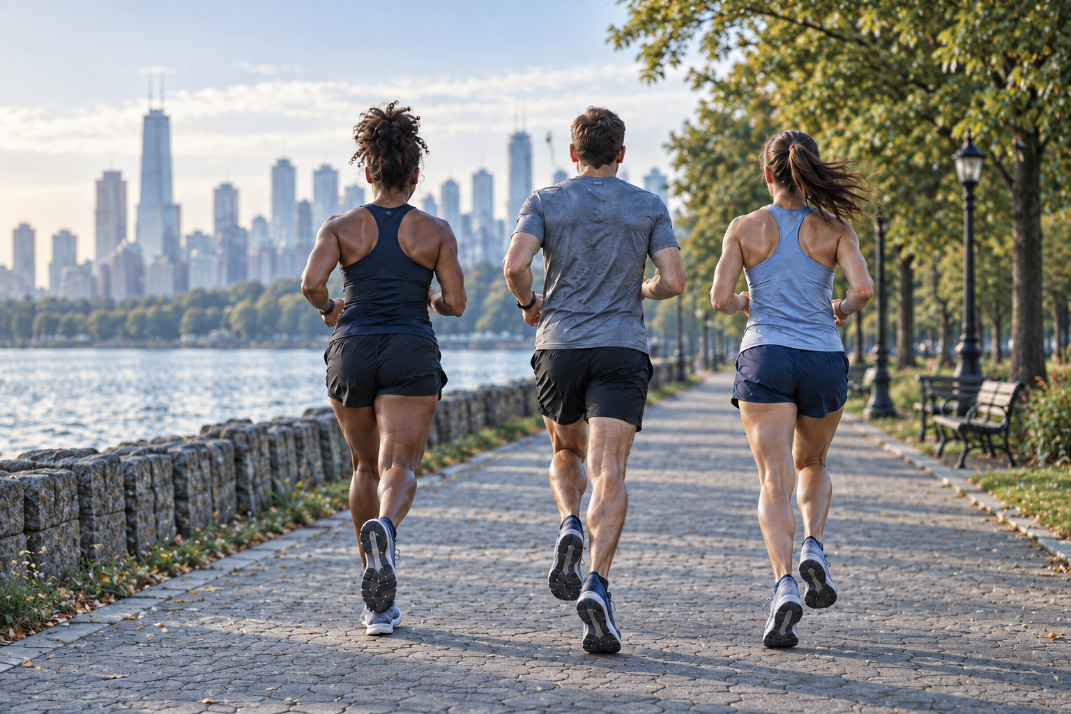 Three runners moving together along a riverside path, seen from behind.